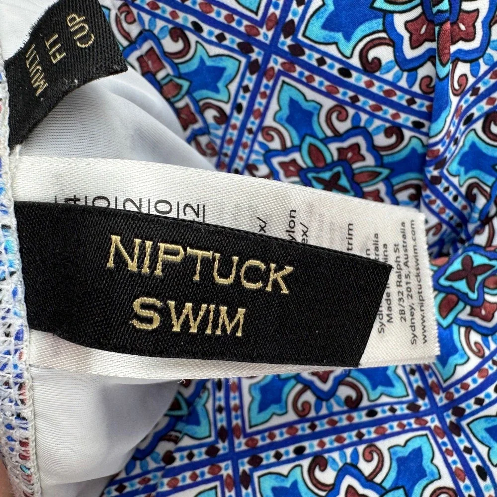 Niptuck Swim One Piece Swimsuit Women 10 Blue Geometric Ruched Tummy Control Cup